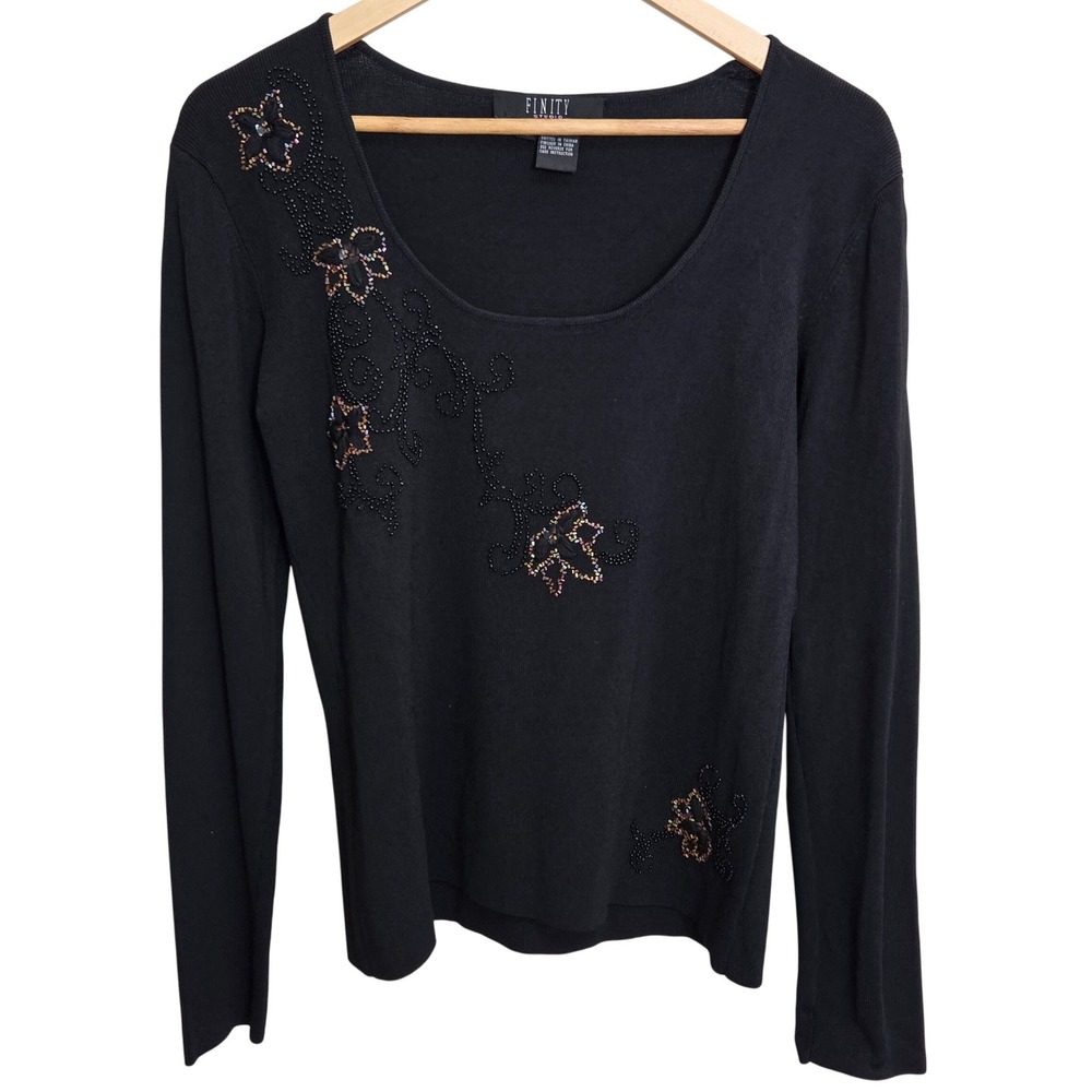 FINITY STUDIO Black Beaded‎ Floral Scoop Neck Long Sleeve Top Women's Large